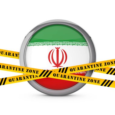 Sarı karantina uyarı bandı olan İran bayrağı. 3d Hazırlama