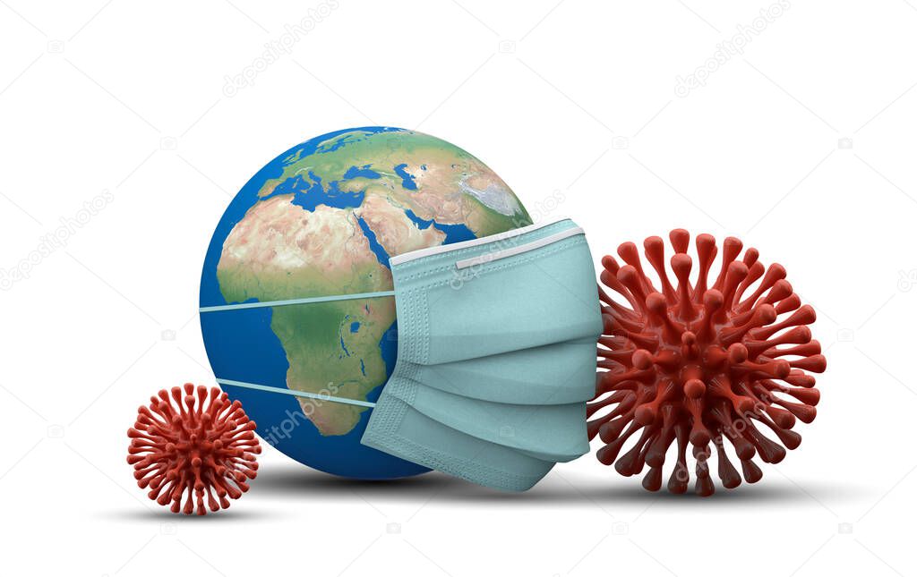 Africa continent covered with a protective mask. Coronavirus outbreak. 3D Render