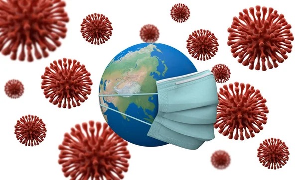 Asian continent covered with a protective mask. Coronavirus outbreak. 3D Render — Stock Photo, Image