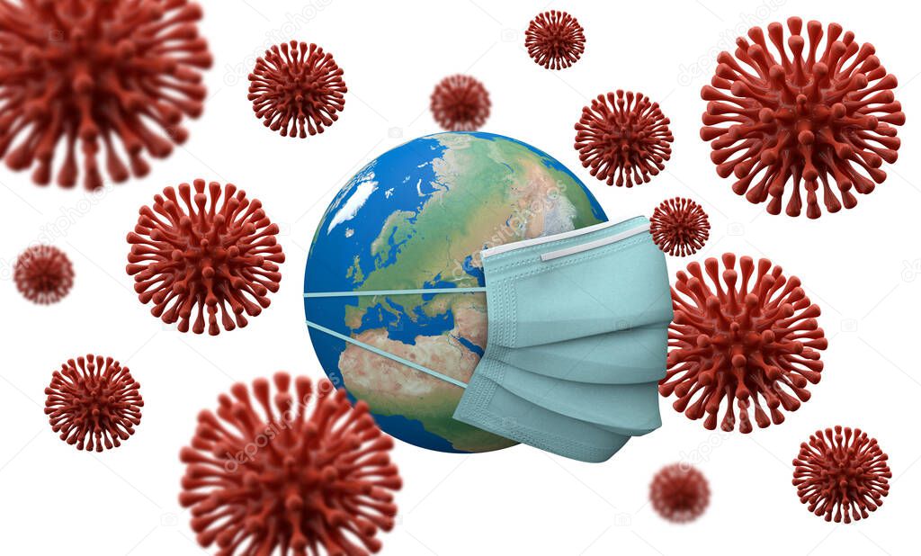 Europe continent covered with a protective mask. Coronavirus outbreak. 3D Render