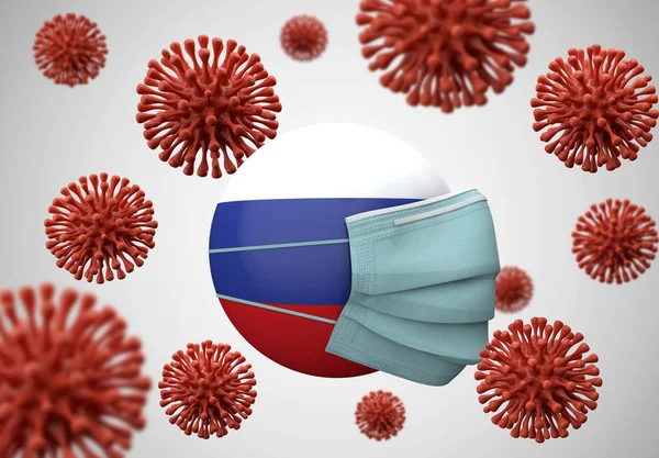 Bandera de Rusia con máscara protectora. Concepto de Coronavirus. Renderizado 3D — Foto de Stock