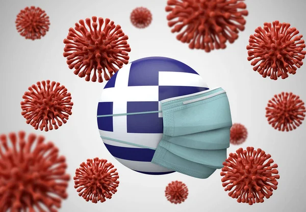 Bandera de Grecia con máscara protectora. Concepto de Coronavirus. Renderizado 3D — Foto de Stock