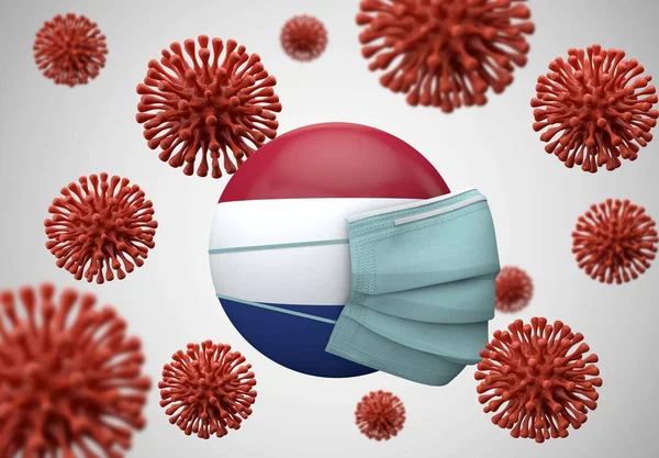 Bandera holandesa con máscara protectora. Concepto de Coronavirus. Renderizado 3D — Foto de Stock