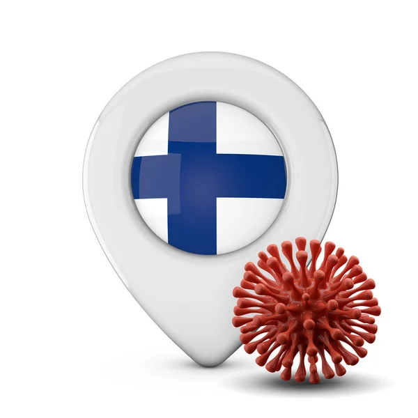 Finland location marker with virus or disease microbe. 3D Render