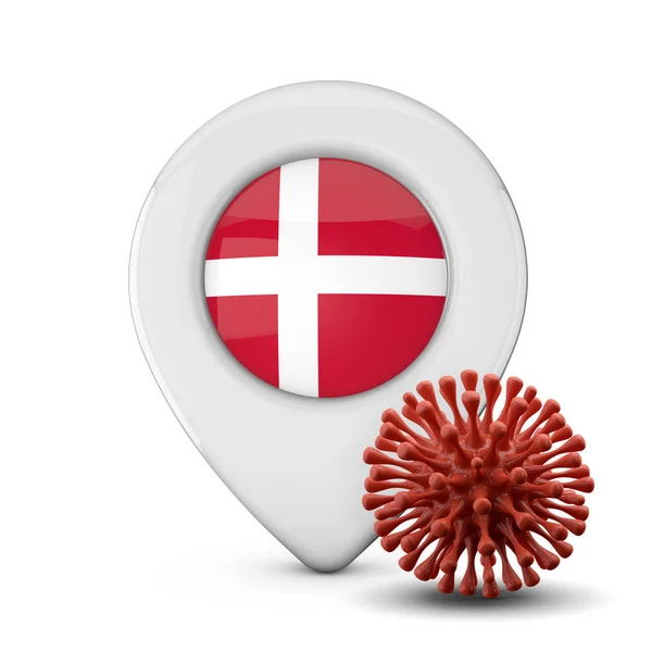 Znacznik lokalizacji w Danii z mikrobem wirusa lub choroby. 3d Renderowanie — Zdjęcie stockowe