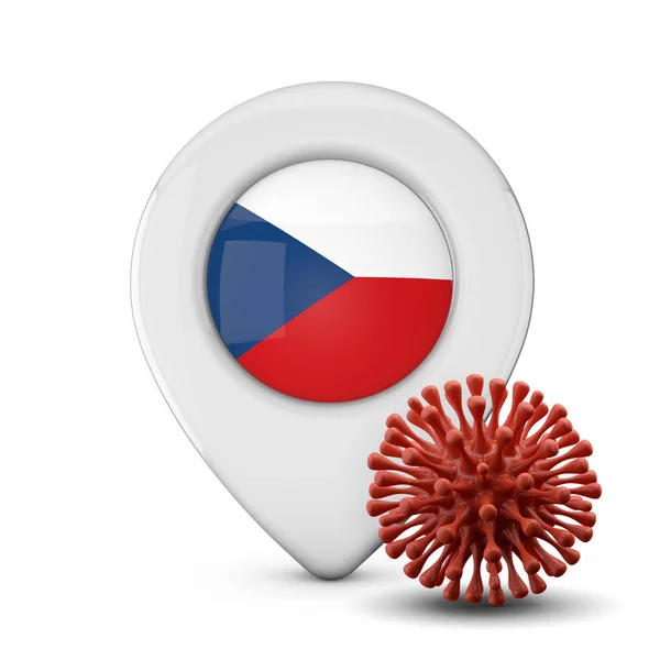 Czech Republic location marker with virus or disease microbe. 3D Render