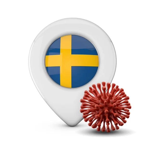 Sweden location marker with virus or disease microbe. 3D Render
