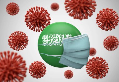Saudi Arabia flag with protective face mask. Coronavirus concept. 3D Render