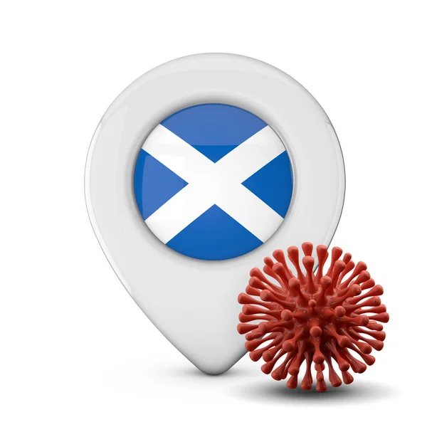 Znacznik lokalizacji Szkocji z mikrobem wirusa lub choroby. 3d Renderowanie — Zdjęcie stockowe