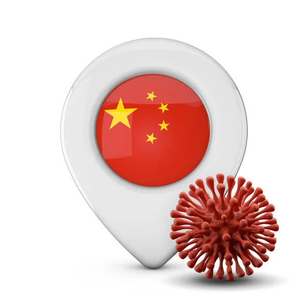 China marcador de ubicación con virus o microbio de la enfermedad. Renderizado 3D —  Fotos de Stock