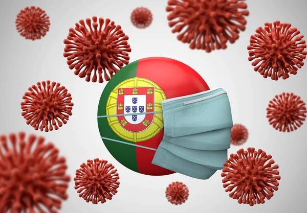 Португальский флаг с защитной маской для лица. Концепция коронавируса. 3D Render — стоковое фото