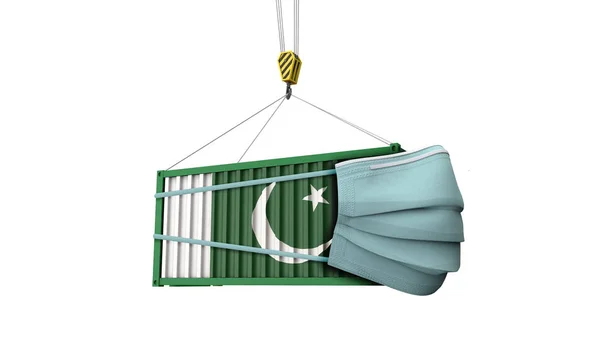 Pakistan bandiera container cargo con maschera protettiva. Render 3D — Foto Stock