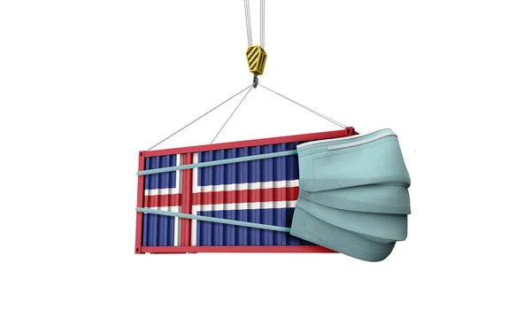 Bandera de Islandia contenedor de carga con máscara protectora. Renderizado 3D —  Fotos de Stock
