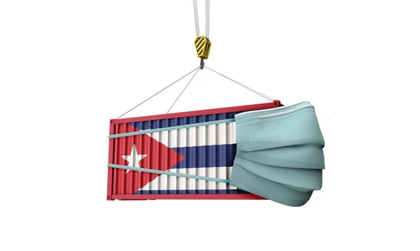 Cuba contenedor de carga de bandera con máscara protectora. Renderizado 3D — Foto de Stock