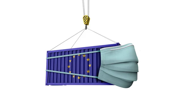 União Europeia bandeira contêiner de transporte de carga com máscara protetora. Renderização 3D — Fotografia de Stock