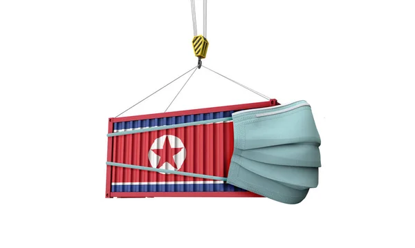 Frachtcontainer unter nordkoreanischer Flagge mit Schutzmaske. 3d Render — Stockfoto