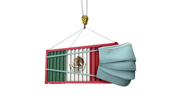 Bandeira do México contêiner de carga com máscara protetora. Renderização 3D — Fotografia de Stock