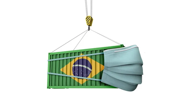 Brezilya bandıralı koruyucu maskeli kargo konteynırı. 3d Hazırlama — Stok fotoğraf