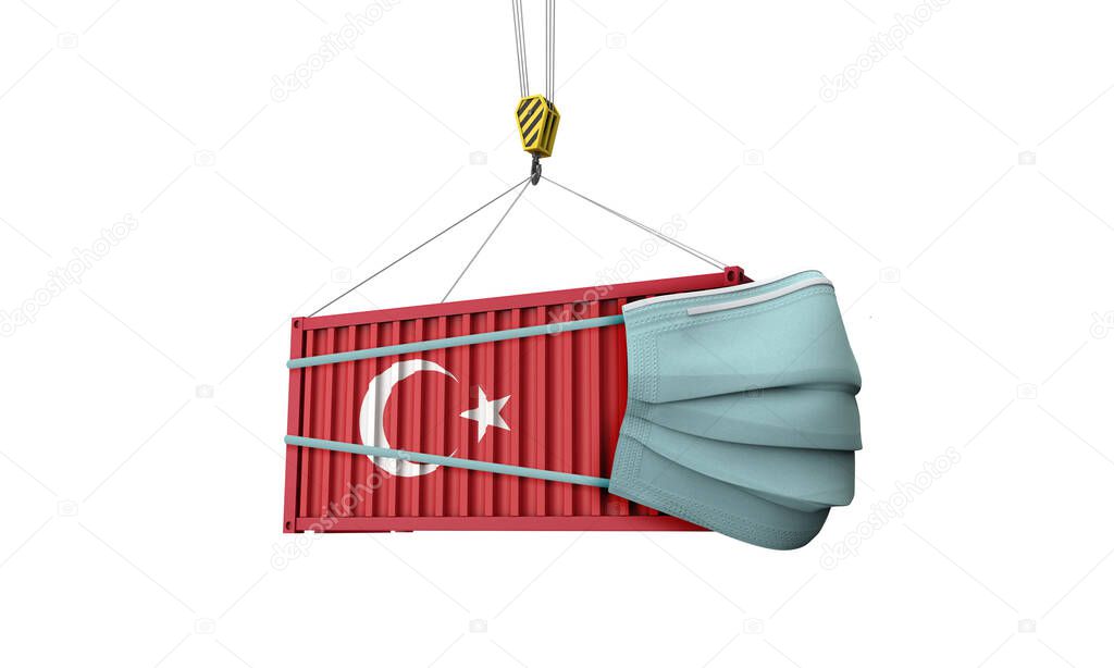 Turkey flag cargo shipping container with protective mask. 3D Render
