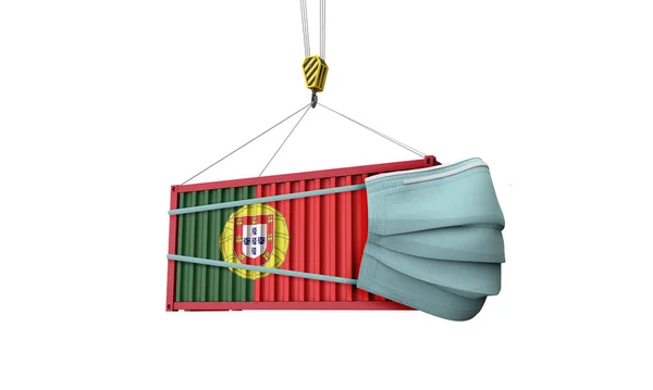 Portugal bandeira contêiner de carga com máscara protetora. Renderização 3D — Fotografia de Stock