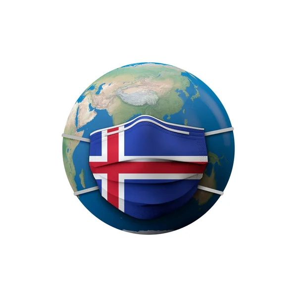 Bandera de Islandia máscara médica protectora. Renderizado 3D — Foto de Stock