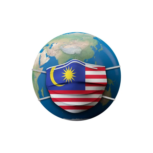 Malaysia flaggt eine medizinische Schutzmaske. 3D-Darstellung — Stockfoto