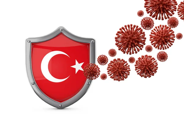 Proteção de escudo de bandeira da Turquia contra uma bactéria viral. Renderização 3D — Fotografia de Stock
