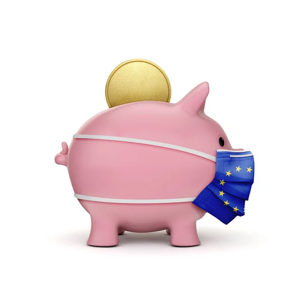 Ahorro sanitario de la Unión Europea. Hucha con mascarilla. Renderizado 3D — Foto de Stock