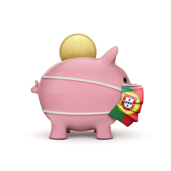 Portugal economia de cuidados de saúde. Banco porquinho com máscara facial. Renderização 3D — Fotografia de Stock
