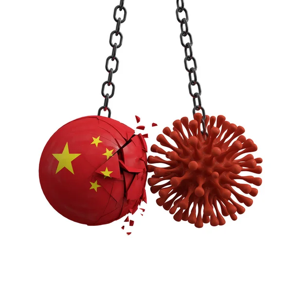 Bola de China choca contra un microbio de la enfermedad del virus. Renderizado 3D —  Fotos de Stock
