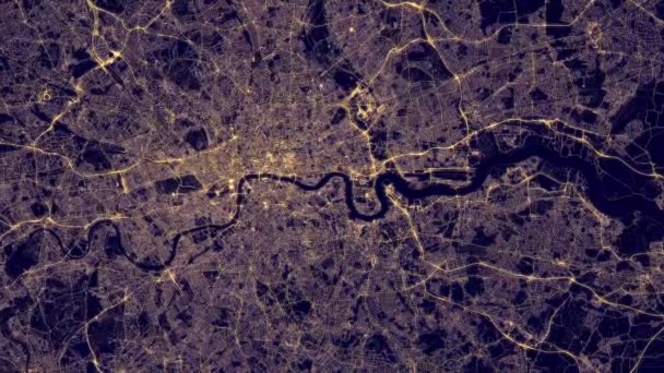 Vista aérea noturna da cidade de Londres com luzes de rua e de estrada brilhantes. Renderização 3D — Vídeo de Stock