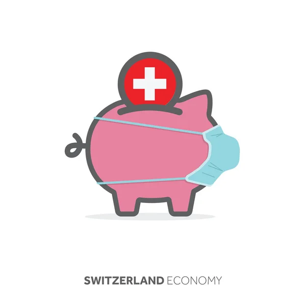 Schweiz hälsovårdsbesparingar. Grisbank med medicinsk ansiktsmask — Stock vektor