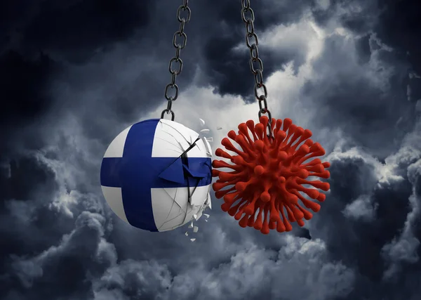 Microbo virale che si schianta contro la bandiera finlandese. Render 3D — Foto Stock