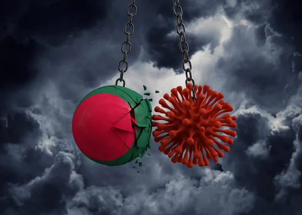 Virus microbe smashing into Bangladesh flag ball. 3D Render — Stock Photo, Image