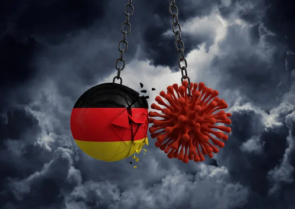 Um micróbio de vírus a esmagar a bola da bandeira alemã. Renderização 3D — Fotografia de Stock