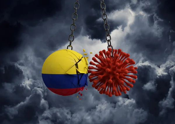 Virus microbe smashing into Colombia flag ball. 3D Render