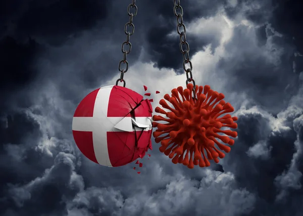 Microbio virus golpeando la bola bandera de Dinamarca. Renderizado 3D —  Fotos de Stock