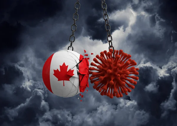 Virus microbe smashing into Canada flag ball. 3D Render — Stock Photo, Image