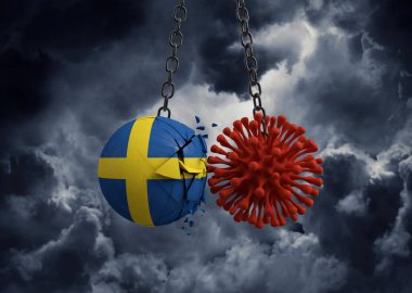 Virüs mikrobu İsveç bayrak topuna çarpıyor. 3d Hazırlama