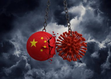 Virüs mikrobu Çin bayrak topuna çarpıyor. 3d Hazırlama