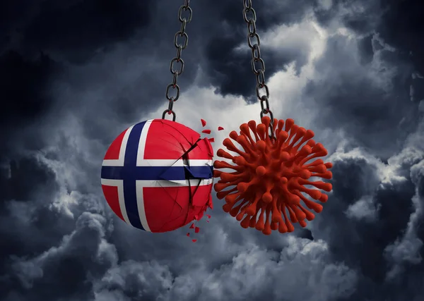 Virus microbe smashing into Norway flag ball. 3D Render — Stock Photo, Image