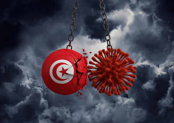 Virus microbe smashing into Tunisia flag ball. 3D Render — Stock Photo, Image