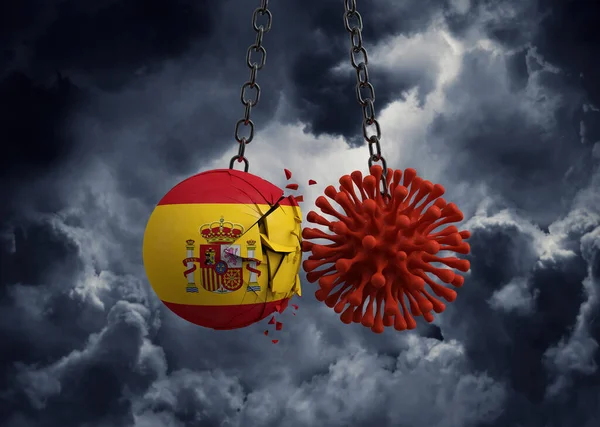 Virus microbe smashing into Spain flag ball. 3D Render — Stock Photo, Image