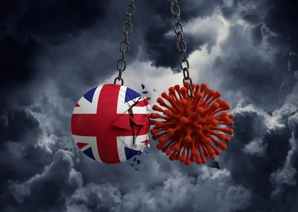 Virus microbe smashing into United Kingdom flag ball. 3D Render