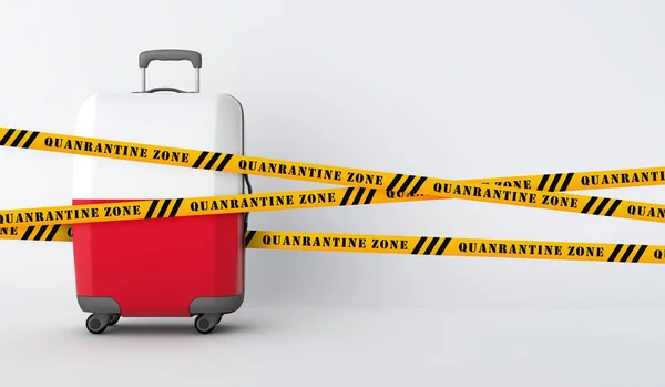 Polsko cestovní kufr pokrytý karanténní páskou. 3D vykreslení — Stock fotografie