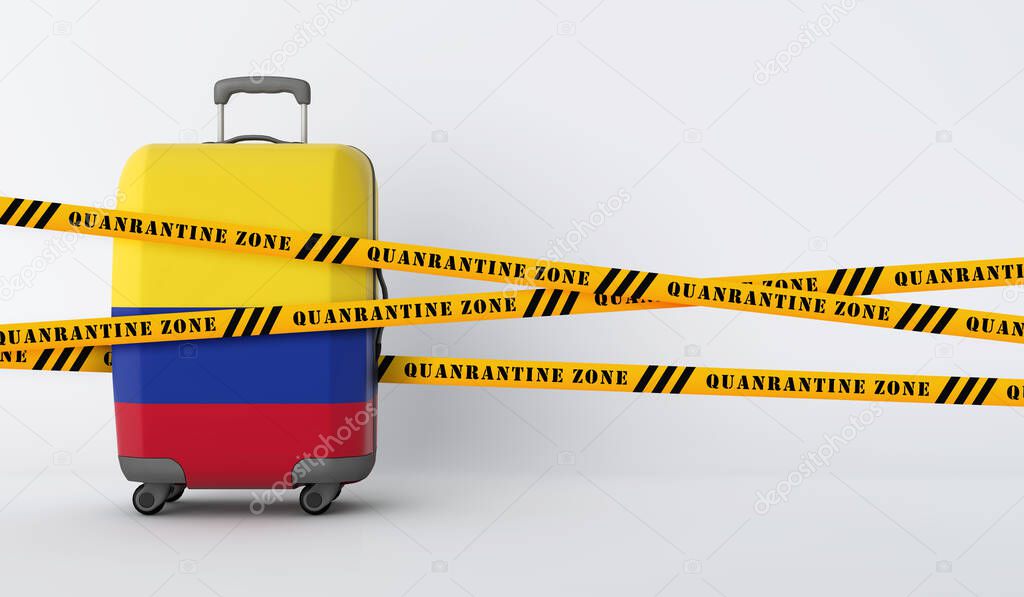 Colombia travel suitcase covered with quarantine tape. 3D Render