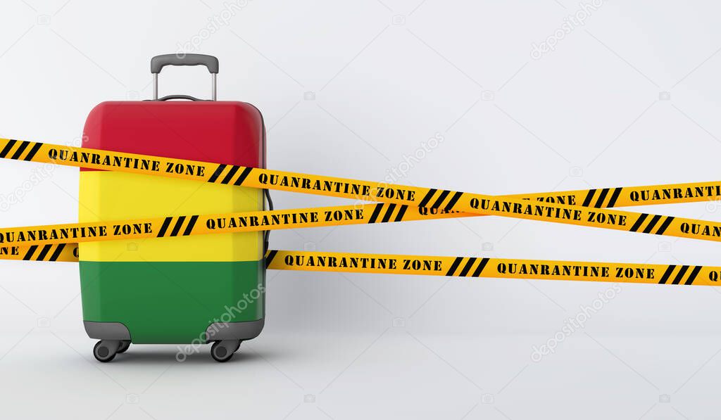Bolivia travel suitcase covered with quarantine tape. 3D Render