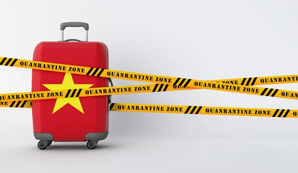 Vietnam cestovní kufr pokrytý karanténní páskou. 3D vykreslení — Stock fotografie