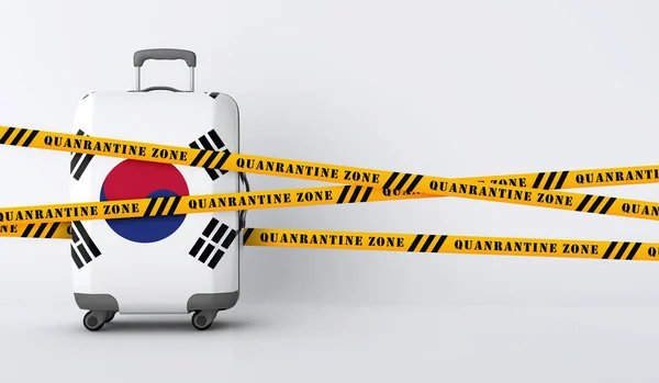 Dél-Korea utazótáskája karanténszalaggal borítva. 3d Renderelés — Stock Fotó