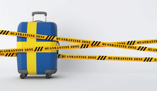 Suecia maleta de viaje cubierta con cinta de cuarentena. Renderizado 3D — Foto de Stock